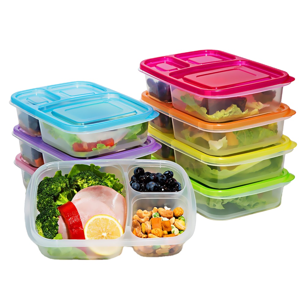 NBRSC Stackable Plastic Meals Container with 3 Compartments for Meal Prep