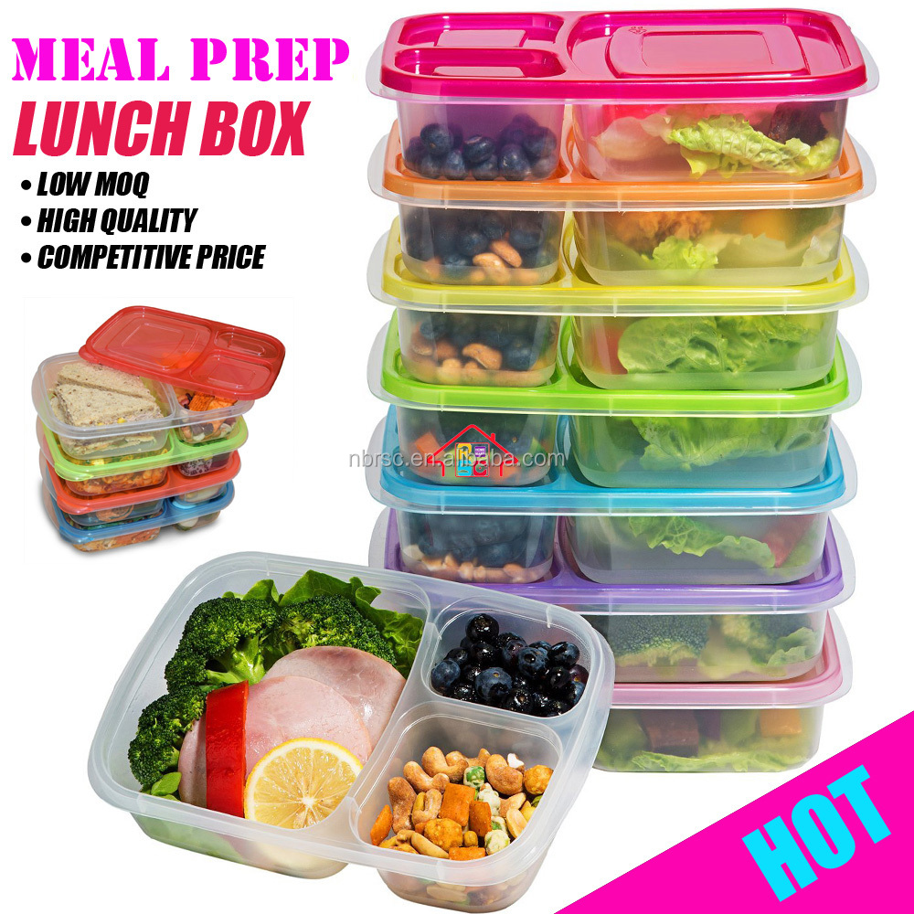 NBRSC Stackable Plastic Meals Container with 3 Compartments for Meal Prep